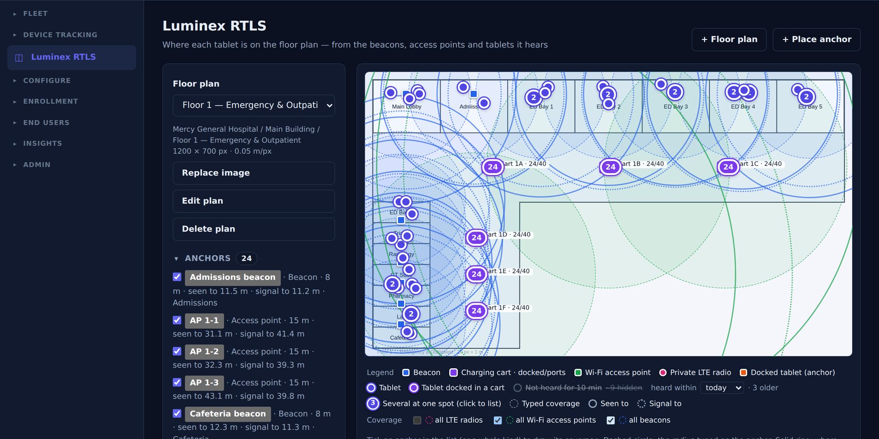 The same floor plan with the coverage of every access point and beacon drawn.